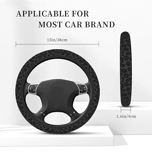 Black Leopard Print Cheetah Elastic Steering Wheel Cover, Non-Slip Breathable Neoprene Steering Wheel Covers, Women Leopard Car Accessories, Universal 15 Inch Fit Auto, Suvs, Truck thumbnail 4