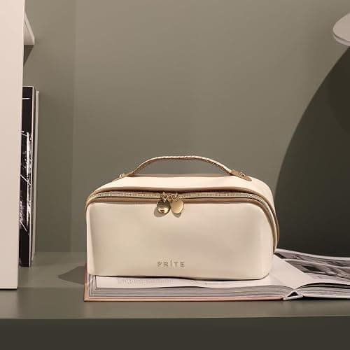 Prite Große Kapazität Kosmetiktasche Tragbare Reise Make Up Tasche wasserdichte PU-Leder Schminktasche oder Kulturbeutel mit Transparente Trenner und Griff(Beige) thumbnail 8