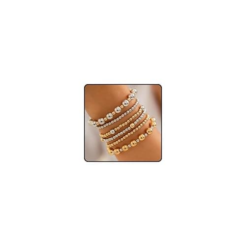 LANWLOSI 6 Pcs Two Tone Bracelets for Women Stackable Gold and Silver Beaded Bracelets Trendy Mixed Metal Beads Brace-lets Wedding Party Prom Daily Jewelry Gifts - Image 1