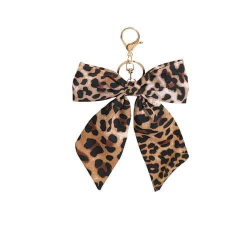 SAYUANVA Leopard Print Bow Keychain, Fabric Ribbon Bag Charm Pendant with Gold Lobster Clasp, Retro Style, 4.72 x 7.87 Inch, for Purses, Bags and Car Keys - Image 1