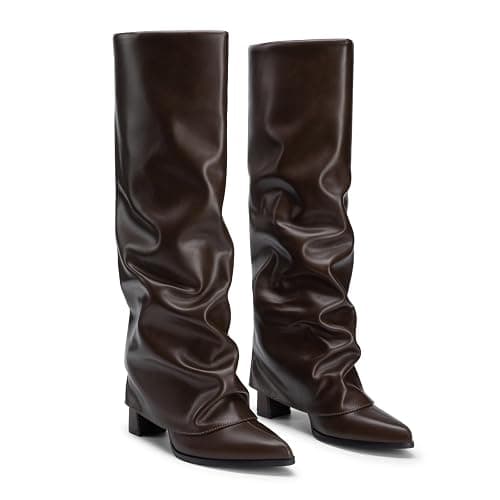 Athlefit Knee High Boots Women Chunky Fold Over Tall Boots | PU Leather, 3.17-inch High Heel, Pointed Toe, Inner Zipper, Slouchy, Easy On and Off, Weekend, Shopping, Women Fall Winter thumbnail 6