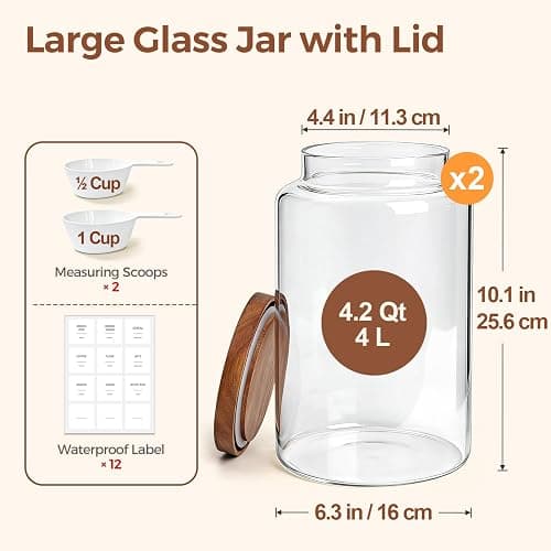 ComSaf Flour Storage Containers with Acacia Wood Lids 1Gallon 2Pack | 4.2Qt Large Glass Jar, for Cooks, Flour Cereal Rice Oats, Kitchen Pantry, 4.4in Wide Mouth, Canister with Scoops & Labels thumbnail 3