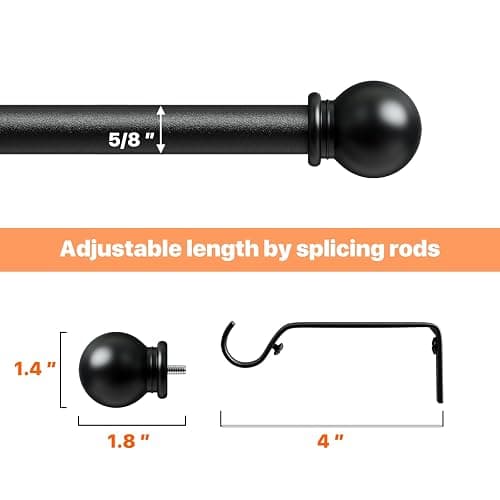 Black Curtain Rod 28 to 60 inch, Splicing Adjustable 5/8 Diameter Drapery Rod Set with Brackets, Heavy Duty Metal Standard Curtain Rod for Living Room, Bedroom, Easy Install Wall Mount thumbnail 3