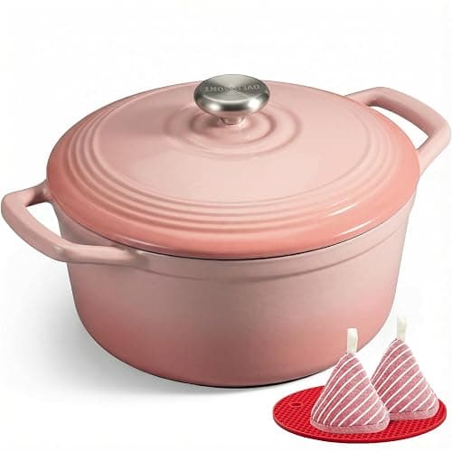 Overmont Refined Enameled Cast Iron Dutch Oven - 5.5QT Pot with Wide Handles Lid Cookbook & Cotton Potholders - Heavy-Duty Pre-Seasoned Cookware Oven Safe to 500°F for Braising, Stews, Roasting, Bread Baking - Image 1
