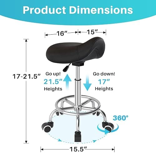 YEEZEE Saddle Stool Ergonomic- Comfortable Rolling Saddle Stool with Wide Thick Saddle Seat Padding, Swivel Adjustable Saddle Chair with Wheels and Ring Pedal for Medical Massage Salon (Dark Black) thumbnail 2