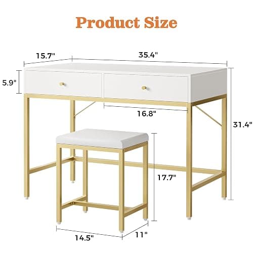 SUPERJARE 35.4" White and Gold Desk with 2 Drawers, Modern Makeup Vanity with Padded Stool, Small Computer Desk Home Office Desk for Writing Study Bedroom thumbnail 3