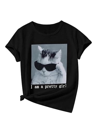 SOLY HUX Girl's Cute Cat Graphic Tees Letter Print Short Sleeve T Shirts Preppy Clothes Summer Tops - Image 1