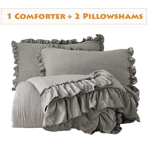 Masaca Grey Shabby Comforter Set Queen,Farmhouse Rustic Microfiber Bedding Ruffled Comforter Set,Vintage Gray Ruffle Comforter for Queen Bed Fluffy Aesthetic Bedding 3 Pieces thumbnail 6