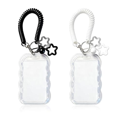 Qoncosy 2 Pack Cute Photocard Holder Keychain Kpop Photo Card Holder, Transparent PC Holder with Star Wave Design for Bus Student Card, Creative Photo Protector Keychain (Black and White) - Image 1