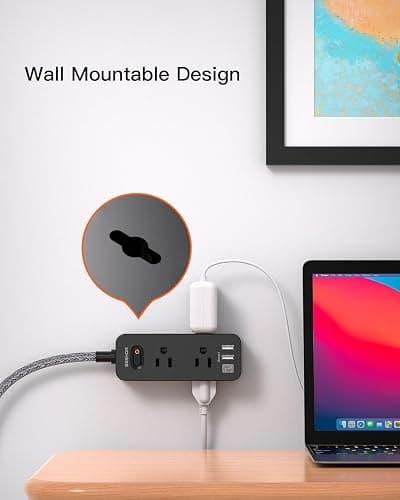 Black Power Strip Surge Protector, BESHON 5Ft Extension Cord, 6 Outlets with 3 USB Ports(1 USB C Outlet), 3-Side Outlet Extender, Wall Mount, Compact for Travel, Home, College Dorm Room, and Office thumbnail 7