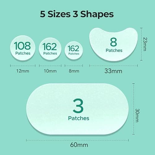 TKTK 443 Count Pimple Patches for Face, Hydrocolloid Acne Cover Patch Bulk | Pimple Stickers for Cheeks, Forehead, Chin Blemishes Zit & Breakouts, All Skin Types, Dots, Strips, Contoured 5 Sizes Variety thumbnail 4