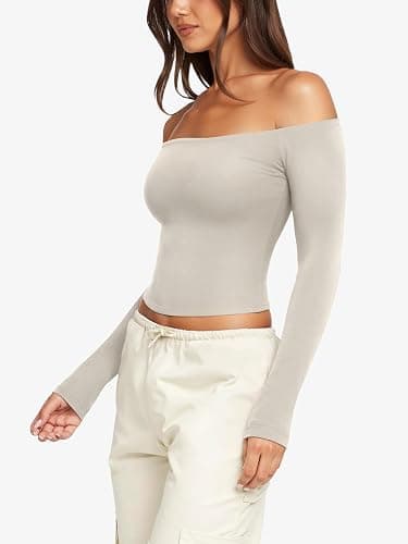LASLULU Womens Sexy Off The Shoulder Long Sleeve Workout Tops Strapless T Shirts Crop Top Casual Fall Outfits thumbnail 4