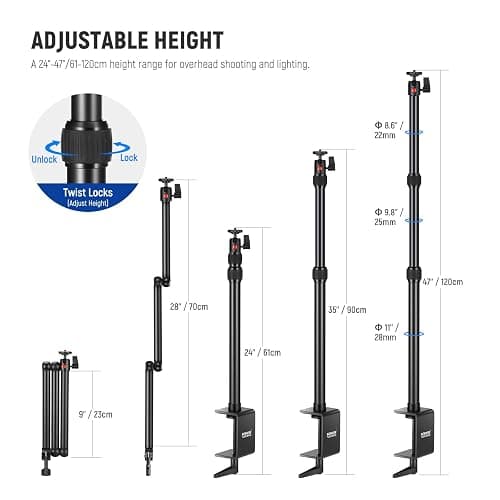 NEEWER Upgraded Overhead Camera Rig with Trifold Camera Boom Arm (Max Load 2lb), 47"/1.2m Telescopic Desk Mount Stand (Max Load 8.8lb) with Phone Clamp Ball Head for LED Light Webcam Mic, TL253A+MH022 thumbnail 2