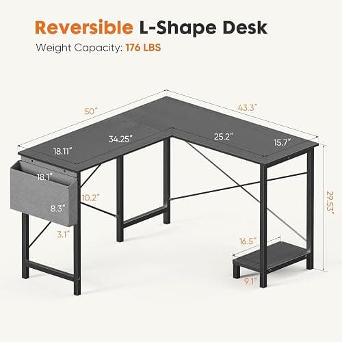 Sweetcrispy L Shaped Desk - Computer Desk Corner Desks Gaming Desk PC Table with CPU Stand Side Bag for Home Office Dorm Sturdy Writing Workstation, Black, 50-Inch thumbnail 3
