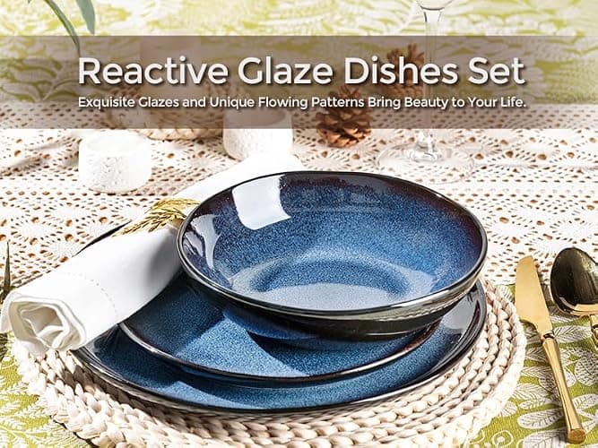 LeRatio Ceramic Dinnerware Sets for 4,Wavy Reactive Glaze Stoneware Plates and Bowls Sets,Highly Scratch Resistant | Dishwasher & Microwave,Oven Safe Dishes Set(12PCS) thumbnail 4
