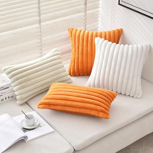 MIULEE White Throw Pillow Covers 18x18 Inch Set of 2 Fuzzy Striped Soft Pillowcase with Velvet Back Faux Rabbit Fur Cushion Covers Christmas Decorative Home Pillows for Sofa Couch Bedroom Car thumbnail 4