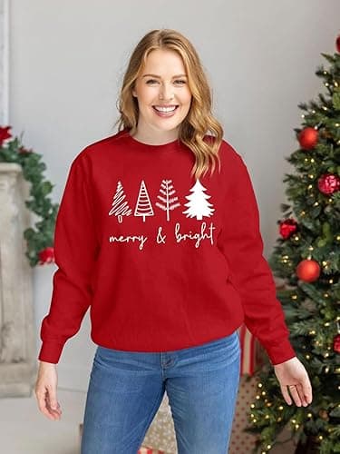 UYIQL Christmas Sweatshirts for Women Funny Christmas Tree Xmas Cute Graphic Long Sleeve Shirt thumbnail 4