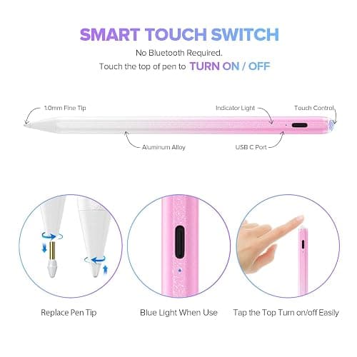 Stylus Pen for iPad 6th-11th Generation-2X Fast Charge Active Pencil Compatible with 2018-2025 Apple iPad Pro 11"/12.9"/M4, iPad Air 3/4/5/M2/M3,iPad mini 5/6 Gen-Gradient White Pink thumbnail 5