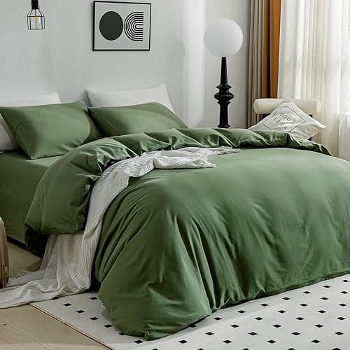 JELLYMONI Green Duvet Cover California King - 100% Washed Cotton Linen Like Textured Comforter Cover, 3 Pieces Breathable Soft Bedding Set with Zipper Closure (Green,Cal King 104"x98") thumbnail 7