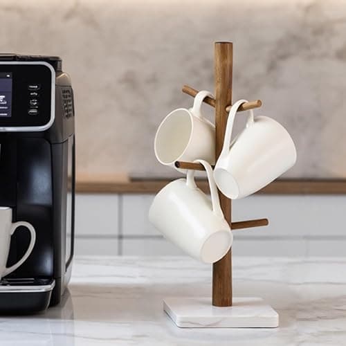 Buruis Wood Mug Holder, Marble Base Cup Rack Tree, Cup Stand Hanger, Kitchen Coffee Mug Tree Countertop Tea Cups Holder Stand, Coffee Mugs Dryer with 6 Hooks, White thumbnail 2