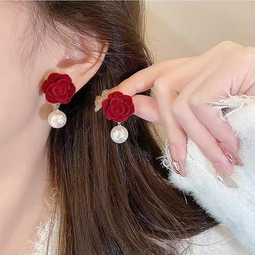 Elegant Floral Clip on Earrings for Women Vintage Red Velvet Rose Flower Pearl Dangle Earrings Non Pierced Plant Camellia Statement Earrings Jewelry thumbnail 5