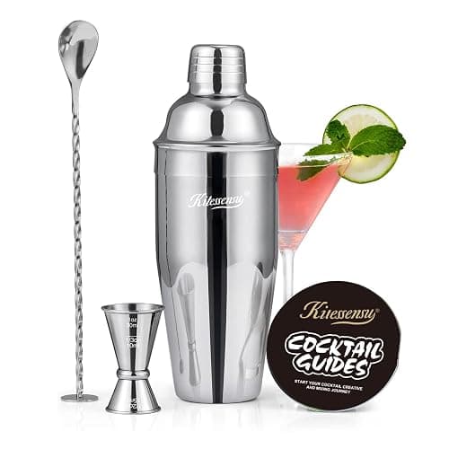 Cocktail Shaker, KITESSENSU 24oz Drink Shaker with Bartender Strainer, Measuring Jigger, Bar Mixing Spoon, Cocktail Recipe Guide, Professional Drink Mixer Set for Beginners, Silver - Image 1