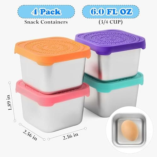 4Pack 6oz Reusable Stainless Steel Snack Containers for Kids, Easy Open Leak Proof Metal Small Toddler Snack Containers with Silicone Lids, Stackable Metal Toddler Lunch Box for Daycare School Travel thumbnail 3