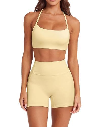 SUUKSESS Women 2 Piece Workout Sets Padded Halter Sports Bras High Waisted Biker Shorts with Pockets - Image 1