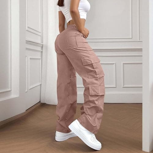 Cargo Pants for Women High Elastic Waisted Casual Baggy Wide Leg Hiking Pants Solid Color Streetwear with Pockets thumbnail 3