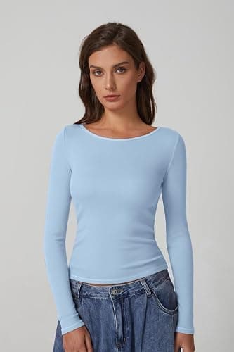QINSEN Women's Long Sleeve T Shirts Crewneck Tight Fitted Rib Knit Y2k Casual Tee Tops thumbnail 2
