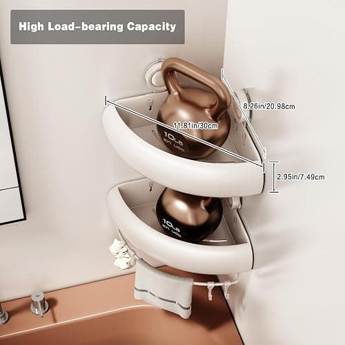 Voldra Corner Shower Caddy Suction Cup, Arc Shower Shelf Coner No Drilling Bathroom Coner Shelves Suction Shower Organiser Rack Adhesive Corner Caddy with Towel Bar Wall Mounted(2-Pack, White) thumbnail 2