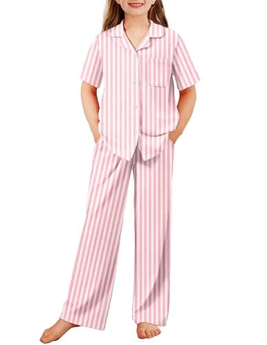 Arshiner Pajamas for Girls Short Sleeve Long Pants Outfit 2 Piece Sleepwear Button Pjs Sets - Image 1