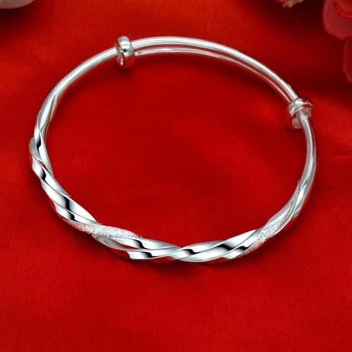 Sterling Silver Bangle Bracelets for Women,Fashion Jewelry Simple Adjustable 925 Silver Cuff Bangles for Women Mom Wife Valentine Mothers Day Gift thumbnail 6