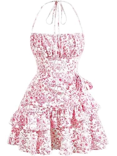 Narecte Summer Dresses for Women,Tie Halter Mini Dress,Floral Print Short Dress,Ruffle Trim Casual Dresses - Image 1