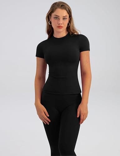 Relety Womens Two Piece Workout Sets Slim Fit Short Sleeve Shirt High Waist Leggings Yoga Outfits Matching Gym Set thumbnail 5