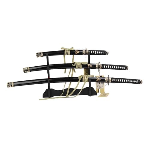Sword Valley Kill Bill Premium Movie-Style Samurai Sword 3-Piece Set with 3-Tier Display Stand – Engraved Scabbards, Stainless Steel Blades, Waxed Cotton Handle (37.4"+30.7"+19.3") - Image 1