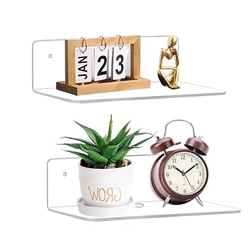 luium 9 Inch Clear Acrylic Floating Shelf, No Drill Adhesive Wall Shelf Set of 2 for Storage, Floating Shelves Damage-Free Expand Wall Space for Living Room, Office, Gaming Room, Bathroom - Image 1