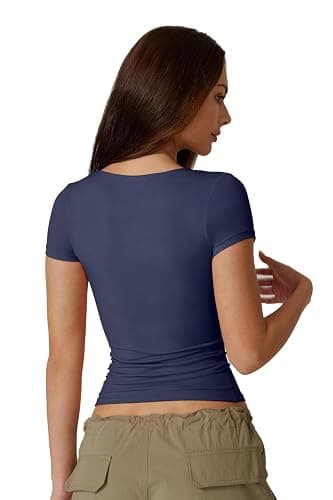 QINSEN Women's Sexy Twist Front V Neck T Shirts Double Lined Short Sleeve Slim Fit Crop Top Trendy Y2K Tops Tee thumbnail 3