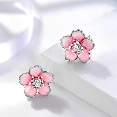 Pink Flower Earrings for Women, 925 Sterling Silver Stud Earrings, Cute Plumeria Earrings For Women, Cherry Blossom Hypoallergenic Stud - *Pink thumbnail 2