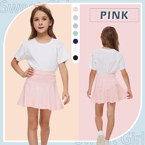 Neutocd Toddler Little Girls Skirts Skorts Elastic Flared Plain Pleated Tennis Skater Skirts for Girls Kids Built in Shorts - Pink/White - 2-3T thumbnail 2