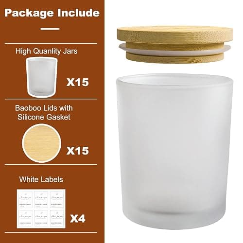 CONNOO 15 Pack 7 OZ Frosted Empty Candle Jars with Bamboo Lids and Sticky Labels for Making Candles - Thick Glass Candle Jars in Bulk with Lids. Dishwasher Safe. thumbnail 3