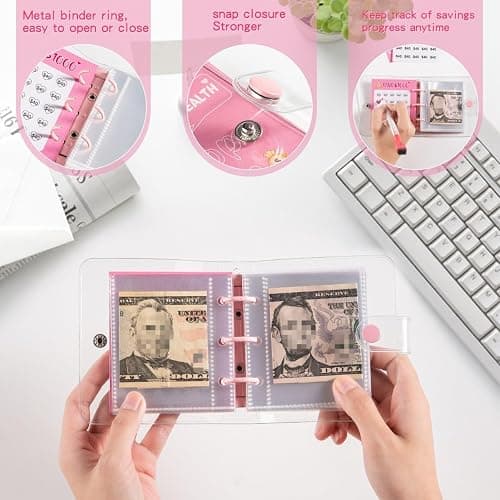 RSORGN Mini Money Saving Challenge Binder, Portable Budget Book with Cash Envelopes to Save $1000 for Home Office School Finance Planning (Pink) thumbnail 4