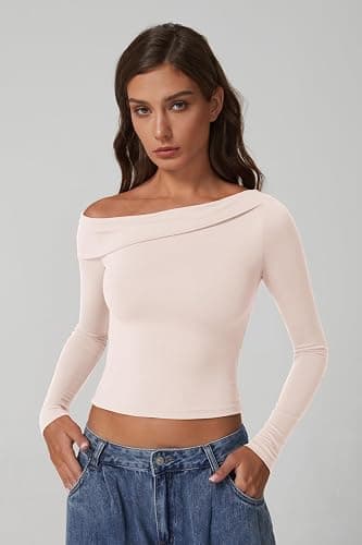 QINSEN Women Long Sleeve Off Shoulder Tops Trendy Double Lined Going Out Shirt for Fall thumbnail 4