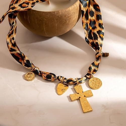 Klyxosh Scarf Necklace with Charm, Bandana Necklace with Gold Dainty Pendants - Chunky Cross, Heart, Flower, Conch, Boot, Cowboy Hat, Boho Beach Vintage Scarf Necklaces, Stylish Jewelry Gift thumbnail 4