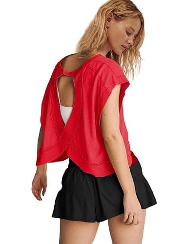 Panadila Womens Open Back Workout Top Oversized Workout T Shirts Backless Athletic Shirt Short Sleeve Baby Tee thumbnail 4