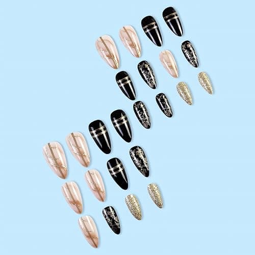 Black Amber Press on Nails Almond Fake Nails Medium Length Gold Foil Glue on Nails with Designs False Nail Tips Exquisite Almond Shape Stick on Nails Medium Artificial Nails for Women 24Pcs thumbnail 4