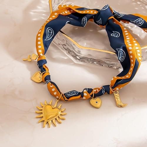Klyxosh Scarf Necklace with Charm, Bandana Necklace with Gold Dainty Pendants - Chunky Cross, Heart, Flower, Conch, Boot, Cowboy Hat, Boho Beach Vintage Scarf Necklaces, Stylish Jewelry Gift thumbnail 4