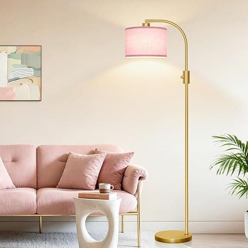 Nintiue Dimmable Floor Lamp, 1200 Lumens LED Edison Bulb Included, Arc Gold Floor Lamps for Living Room Modern Standing Lamp with Pink Linen Shade - Image 1