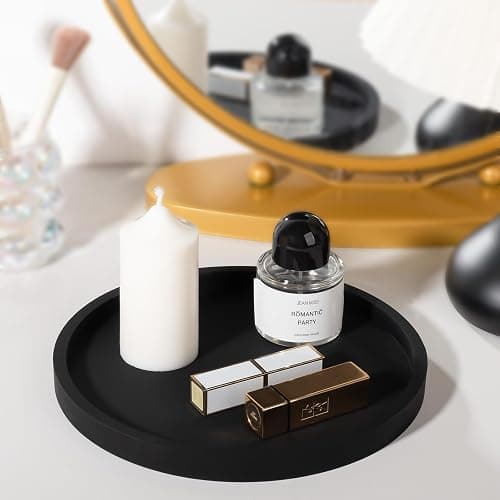 Silicone Bathroom Tray Round Vanity Tray Decorative Soap Holder Kitchen Countertop Organizer Coffee Table Decor for Candle, Perfume, Plant, 9 Inch, Black thumbnail 4
