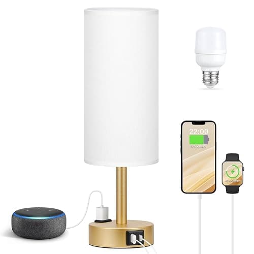 Fenmzee Gold Touch Lamp for Bedroom- 3 Way Dimmable Bedside Lamp USB C A Charging Ports and AC Outlet, Small Table Lamp White Linen Lampshade for Gift, LED Bulb Included thumbnail 5